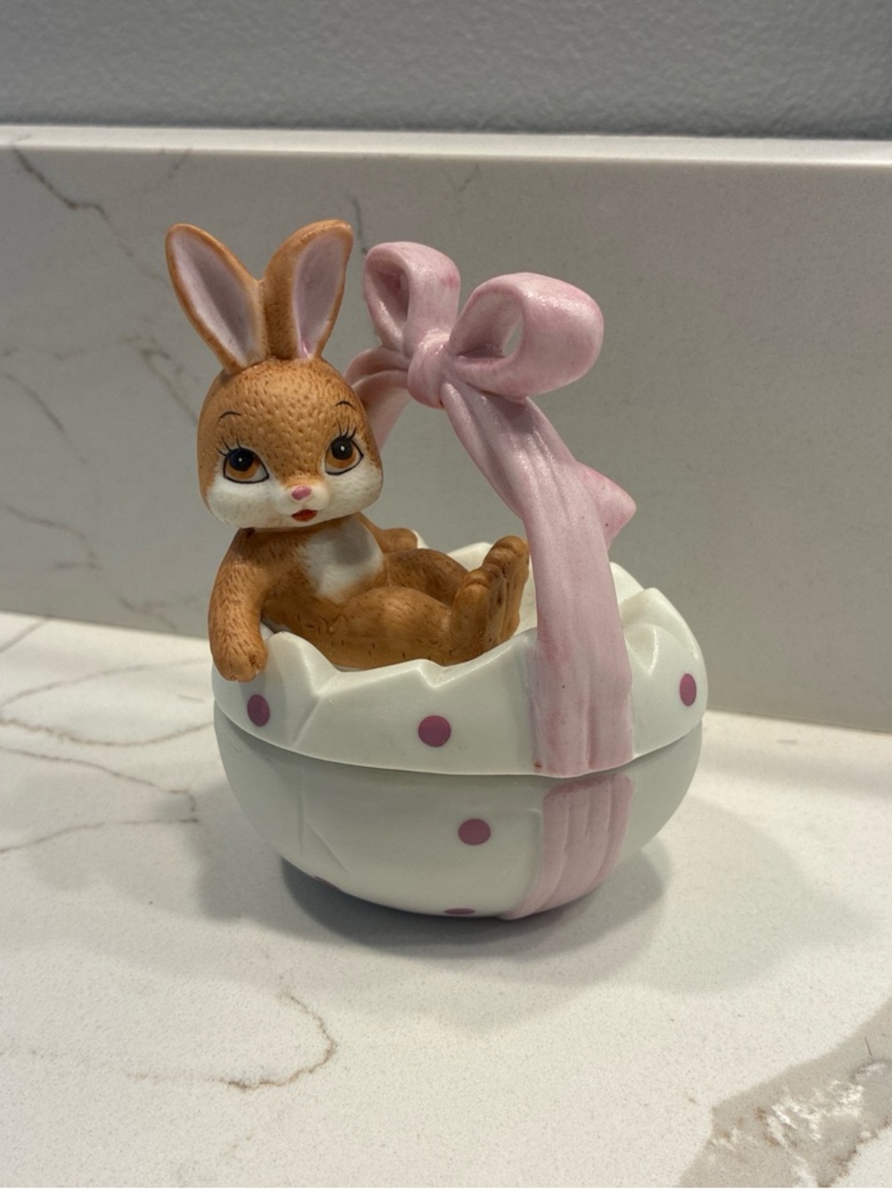 Ceramic Bunny in Pink-Accented Egg Trinket Box
